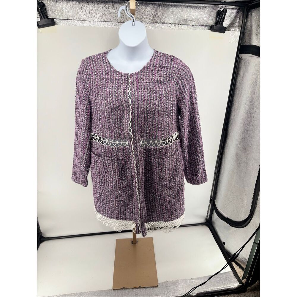 Boucle Tweed Cardigan Jacket Loop Trim X-Large Purple